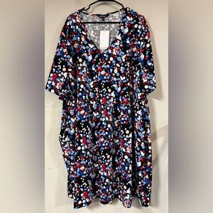 Ulla Popken Dress Womans 32/34 V-Neck Empire Waist Blue polk-a-dot, Pockets,NWT